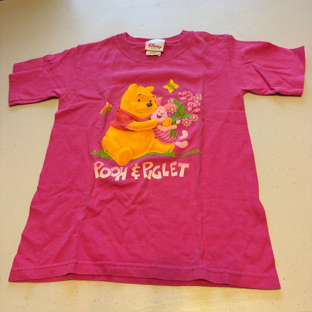Vintage Disney Store Winnie the Pooh and Piglet Pink Kids T-Shirt XS Made in USA